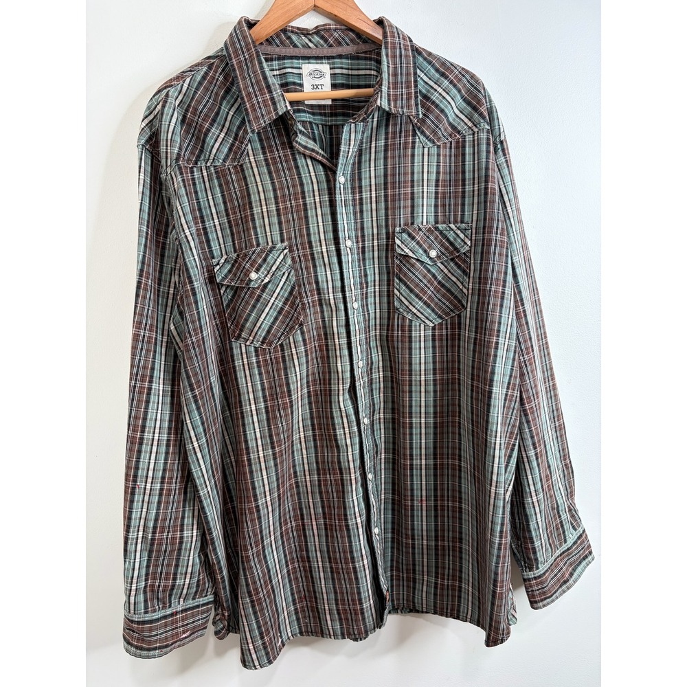 Dickies Mens 3XT Western Plaid Snap Button Long Sleeve Shirt Country Cowboy